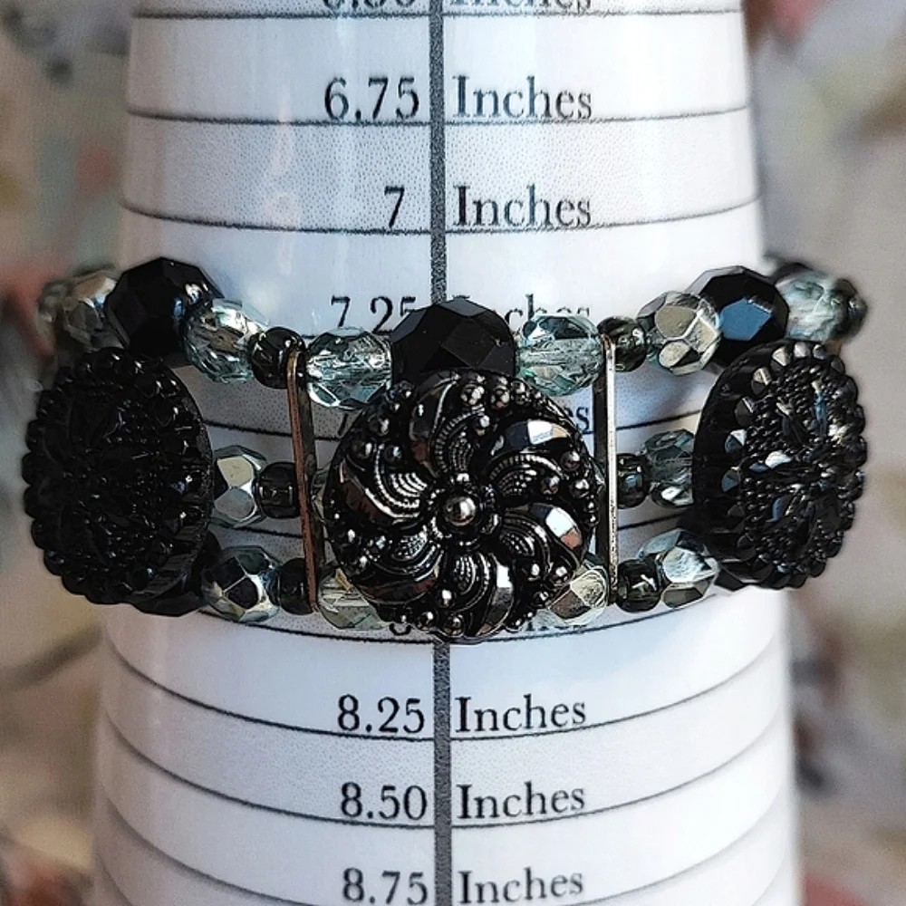Glass Button Icy Blue Beaded Silver Tone Triple Strand Toggle Clasp Bracelet
